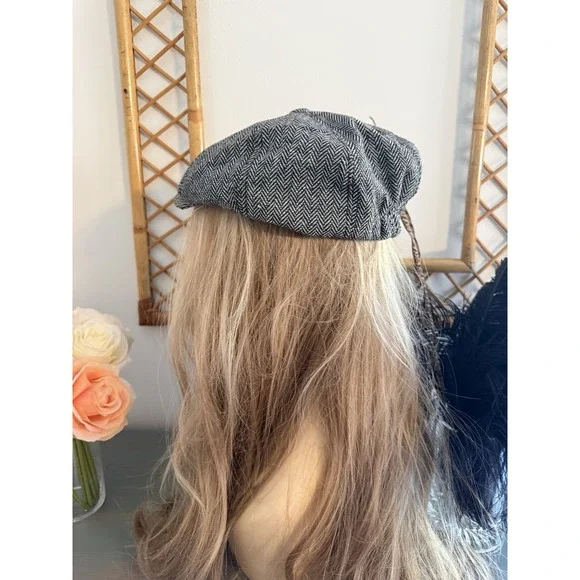 Newsboy Paper Boy Baker Boy Cap Gray Herringbone Tweed Hat Unisex OS Vintage - Picture 7 of 16
